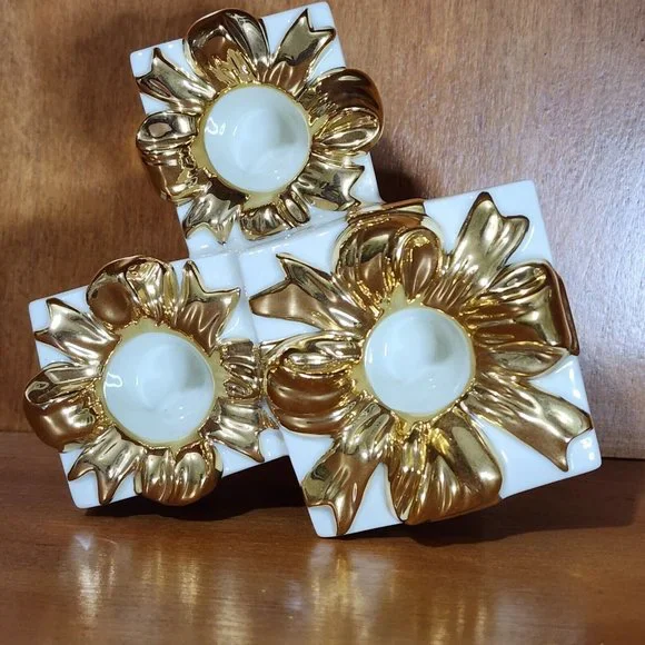 Mikasa Holiday Elegance Gold Porcelain Triple Taper Candle Holder Christmas - Picture 6 of 9